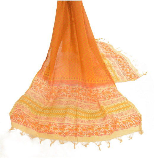 Sanskriti Vintage Dupatta Long Stole Pure Silk Saffron Block Printed Wrap Hijab